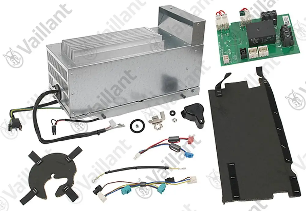 Vaillant elektronischer Regler mit Metallgehäuse, Platine, Kabeln, Montagezubehör und weiteren Komponenten für Wartungsarbeiten.
